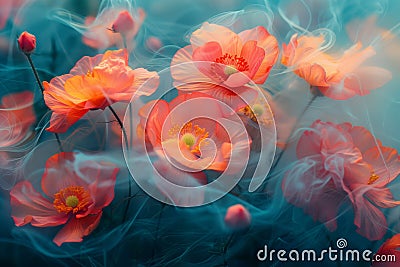 Dreamy depiction of vibrant poppies swaying gently with an artistic blur effect Stock Photo