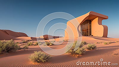 A Dreamy Desert Scene With A Building In The Middle Of The Desert AI Generative Stock Photo