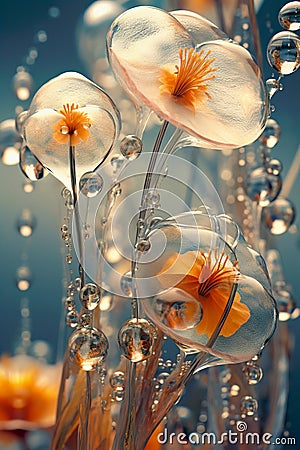 A Dreamy and Detailed Wallpaper Scene with Translucent Orange Water Flowers and Floating Bubbles Stock Photo