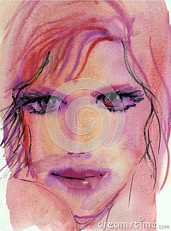 Dreamy Dramatic Watercolor Portrait of a Breautiful Model in Pink Tones Stock Photo