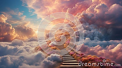 Dreamy fantasy scene with massive fluffy clouds in a dazzling array of colors with stairs wander upwards Stock Photo