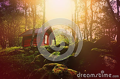 Dreamy forest at sunset with wooden hut Stock Photo