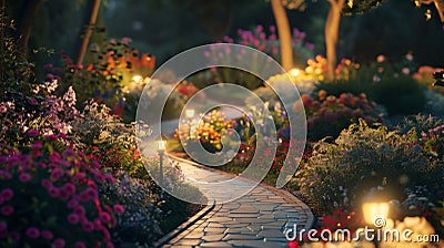 A dreamy garden filled with blooming flowers and winding paths. Soft ling lights illuminate the area creating a magical Stock Photo
