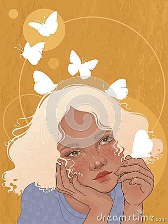 dreamy girl and butterflies Vector Illustration