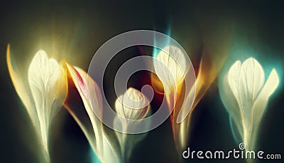 Dreamy Illustration of abstract, luminescent, glowing magic flowers on a dark background. Stock Photo