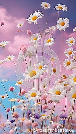 Dreamy illustration daisy flowers pink blue background Cartoon Illustration