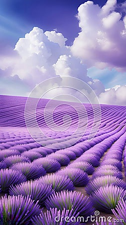 A dreamy image of a purple lavender field under a blue sky with white clouds, creating a sense of calmness and beauty Stock Photo