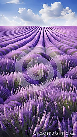 A dreamy image of a purple lavender field under a blue sky with white clouds, creating a sense of calmness and beauty Stock Photo