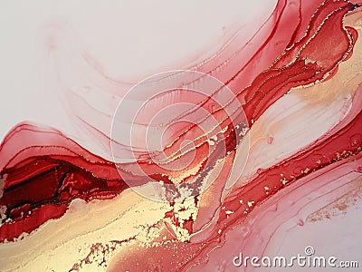 Passionate red abstract fluid art painting. Alcohol inks with gold. Stock Photo