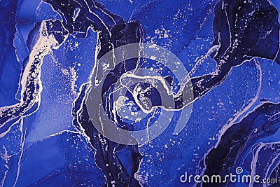 High resolution. Luxury abstract fluid art painting in alcohol ink technique, mixture of blue, black gold paints. Stock Photo