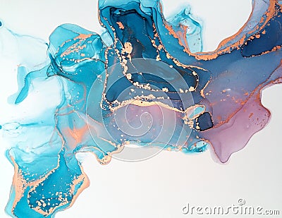 Luxury abstract fluid art painting background alcohol ink technique blue and purple with gold. Marble texture Stock Photo