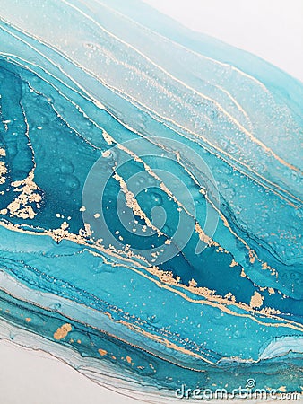 Luxury abstract fluid art painting background alcohol ink technique mint blue and gold. Marble texture Stock Photo