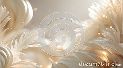 Dreamy ivory feathers float in a soft, warm light, creating an ethereal atmosphere with delicate details and a touch of subtle Stock Photo