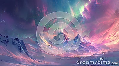A dreamy landscape of pastel colors accentuated by the ethereal beauty of shimmering aurora lights in the background Stock Photo