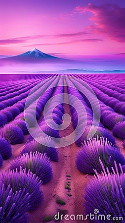 Dreamy Lavender Field Under a Purple and Pink Sky Stock Photo