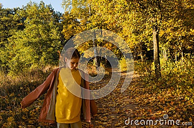 Dreamy little girl in yellow sweatshirt with braids stands on a foliage pathway in autumn forest, looking down. Stock Photo