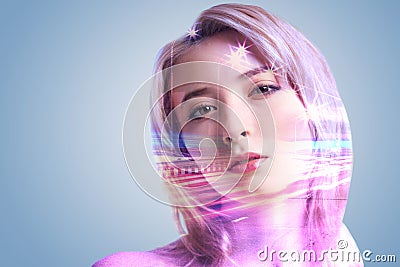 Dreamy millennial lady looking into camera enigmatically Stock Photo