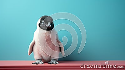 Dreamy Minimalist Photography Cute Penguin On A Pink Shelf Cartoon Illustration