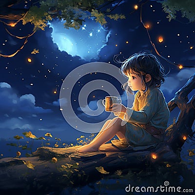 dreamy night with carton plastic with cup of tea in night view generated by AI tool Stock Photo