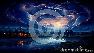 Dreamy Night Sky filled with constellations, shooting stars, and planets Stock Photo