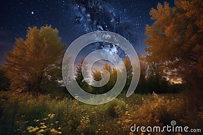 dreamy night sky, with the moon and stars shining brightly, surrounded by trees in a harvest moon landscape Stock Photo