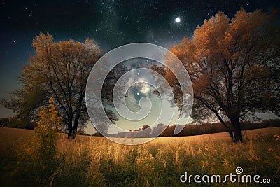 dreamy night sky, with the moon and stars shining brightly, surrounded by trees in a harvest moon landscape Stock Photo