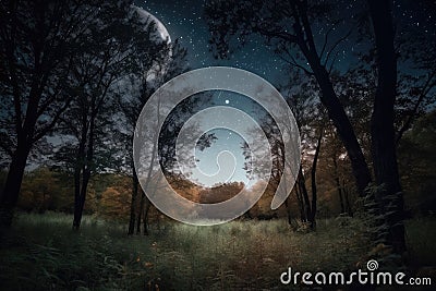 dreamy night sky, with the moon and stars shining brightly, surrounded by trees in a harvest moon landscape Stock Photo