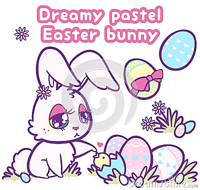 Dreamy Pastel Colored Easter Bunny with Eggs Vector Illustration