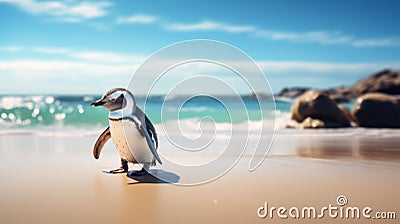 Dreamy Penguin On Sandy Beach Rendered In Cinema4d Stock Photo