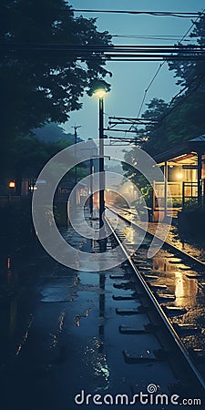 Dreamy Rainy Evening At Japanese Traditional Train Station Stock Photo