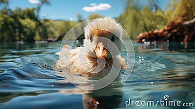 Dreamy And Realistic Duck Swimming In Blue Water Stock Photo