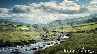Dreamy River Flowing Through Green Hill In British Landscape Stock Photo