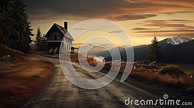 Dreamy And Romantic Wooden Cabin On A Scenic Dirt Road Stock Photo