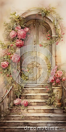 Dreamy Romanticism: Door And Roses On Stairs Painting By Mandy Disher Stock Photo