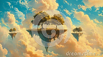Dreamy Sky Islands: Ethereal Landscape of Floating Paradises Cartoon Illustration