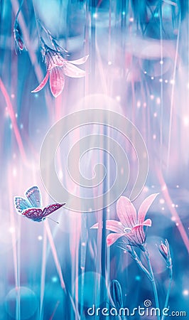 Dreamy spring bellflowers bloom, butterfly close-up, sunlight vertical panorama. Spring floral mixed media art. Artistic toned Stock Photo