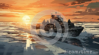 Dreamy Sunset Boat Drawing In Greg Tocchini Style Cartoon Illustration