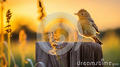Dreamy Sunset: A Cute Robin Positively Glowing On A Farm Fence Stock Photo