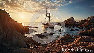 Dreamy Sunset: Old Sailing Boat On Rocky Mountains Coast Stock Photo