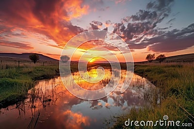 dreamy sunset over serene landscape, with sky and clouds in the foreground Stock Photo