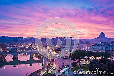 Dreamy sunset in Rome with St. Peter basilica Stock Photo