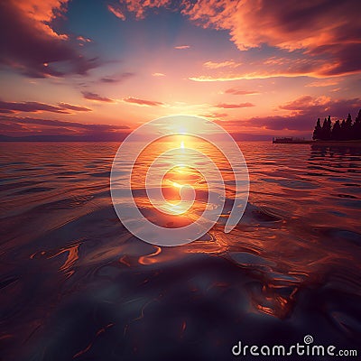 dreamy sunset scene with sun beams on calm water and sky full of clouds, ai generated Stock Photo