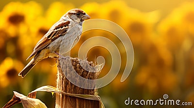 Dreamy Symbolism: Sparrow Sitting On Post In Sun, Influenced By Precisionism Stock Photo