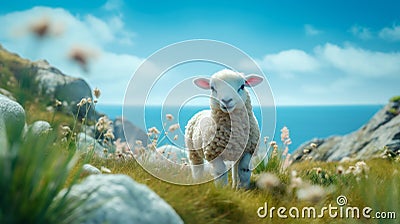 Dreamy Texel Sheep On Grass Near Ocean - Rendered In Cinema4d Stock Photo