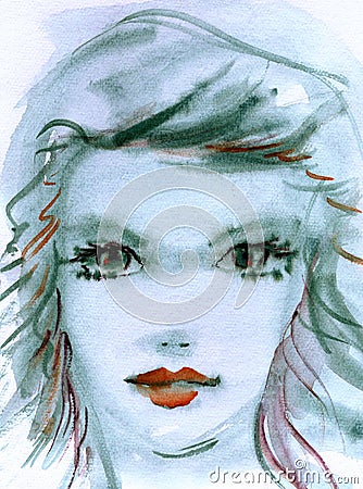 Dreamy Watercolor Portrait of a Breautiful Woman Stock Photo