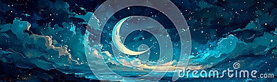 dreamy watercolor starry night sky with crescent moon, floating lanterns Stock Photo