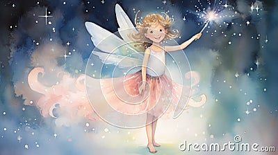 Dreamy Watercolor Tooth Fairy with Wand and Sparkles AI Generated Cartoon Illustration