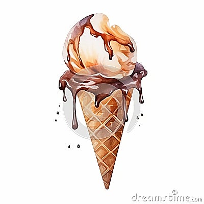 Dreamy Watercolor Waffle Cone With Chocolate Glaze Cartoon Illustration