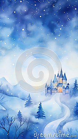 Dreamy Watercolor Winter Haven: Where Christmas Stars Paint Dreams in the Frosty Sky AI Generated Cartoon Illustration