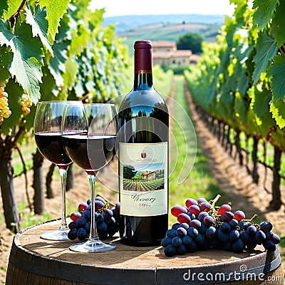 dreamy winery in wonderful tasty italian glass and wine grape plantation Cartoon Illustration